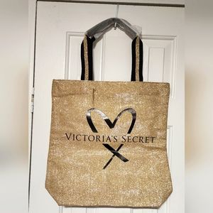 NWT Victoria Secret Gold Glitter and Black Heart Tote Bag